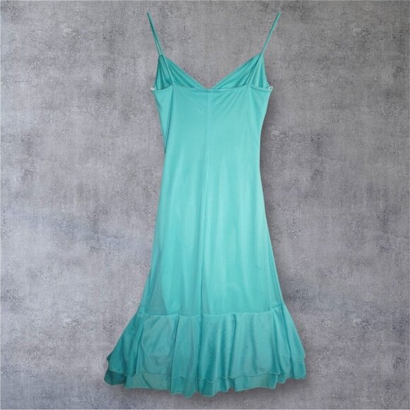 My Michelle Aqua Blue Slip Dress - Size M - Sequin Trim, Ruched Mesh, Ruffle Hem - Picture 8 of 16